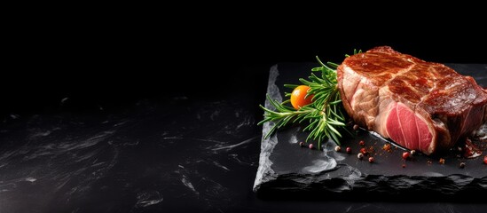 Poster - A well done juicy fried meat piece is placed on a stone plate on a black wooden table creating a food concept with space for text or other images. Creative banner. Copyspace image