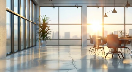 Wall Mural - A modern office space is bathed in warm sunlight, with a clear view of the urban skyline through large windows, exuding a productive ambiance