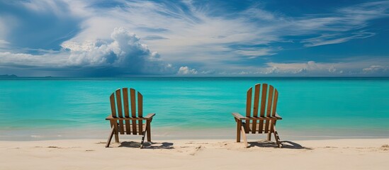 Poster - Two wooden chairs are positioned on the tropical beach with a scenic backdrop of a turquoise sea and cloudy sky. Creative banner. Copyspace image