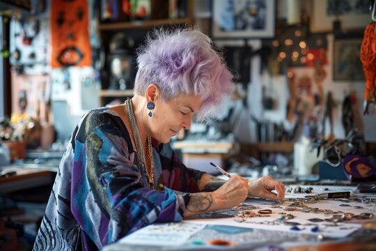 Senior Woman with Lavender Hair Crafting Unique Jewelry in Vibrant Studio
