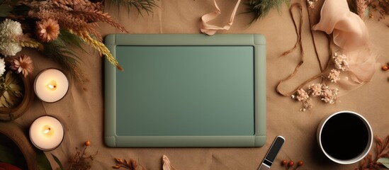 Sticker - Aesthetic feminine workspace with an autumn composition Top view of a digital tablet mockup on a green background surrounded by a macrame handbag candle and dried flowers Plenty of copy space for per