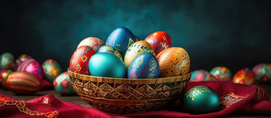 Fototapete - Colorful Easter eggs in a woven basket on a colored background portraying a holiday concept with ample space for text or images