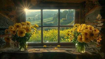 Poster -   Two vases brimming with yellow blooms rest atop a windowsill, framing a field of sunny hues