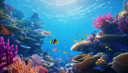 Tropical fish in the underwater, coral reef, amazing underwater life, various fish and exotic coral reefs, ocean wild creatures background