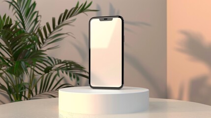 Wall Mural - A blank, white smartphone on a pedestal with a light background, showcasing a presentation and mockup. 3D rendering.