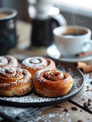 Finnish korvapuusti, freshly baked cinnamon rolls, presented on a cafe table. This traditional pastry showcases the comforting flavors and baking traditions of Finnish cuisine.