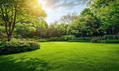 Canvas Print - A pristine and beautifully landscaped garden with well-manicured lawn and a variety of plants basking in sunlight