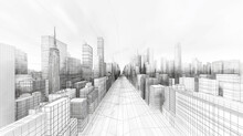 Abstract 3d City Rendering With Lines And Digital Elements. Digital Skyscrappers With Wire Texture. Technology And Connection Concept. Perspective Architecture Background With Wireframe Skyscrapers. 