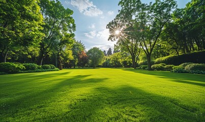 Canvas Print - A vibrant, sun-drenched park scene with rich greenery and a sunburst through the trees