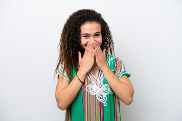 Wall Mural - Young Arab woman isolated on white background happy and smiling covering mouth with hands