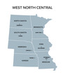 West North Central states, gray political map. United States Census division of the Midwest region consisting of the states Iowa, Kansas, Minnesota, Missouri, Nebraska, North Dakota, and South Dakota.