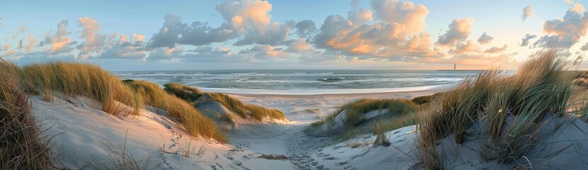 Canvas Print - A panoramic view of beach dunes under a cloudy sky with sunlight breaking through and grass waving in the wind