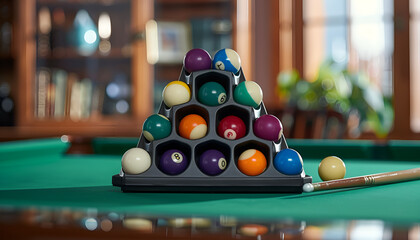 Plastic triangle rack with billiard balls and cues on green table indoors