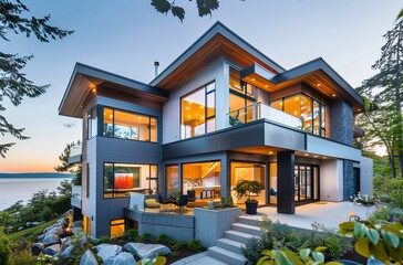 Sticker - An exquisite modern home illuminated at dusk showcasing stylish architecture, large windows, and beautiful surroundings