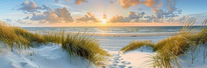 Poster - A wide, scenic view of a tranquil beach at sunset, with untouched sand dunes and lush grasses against a vibrant sky