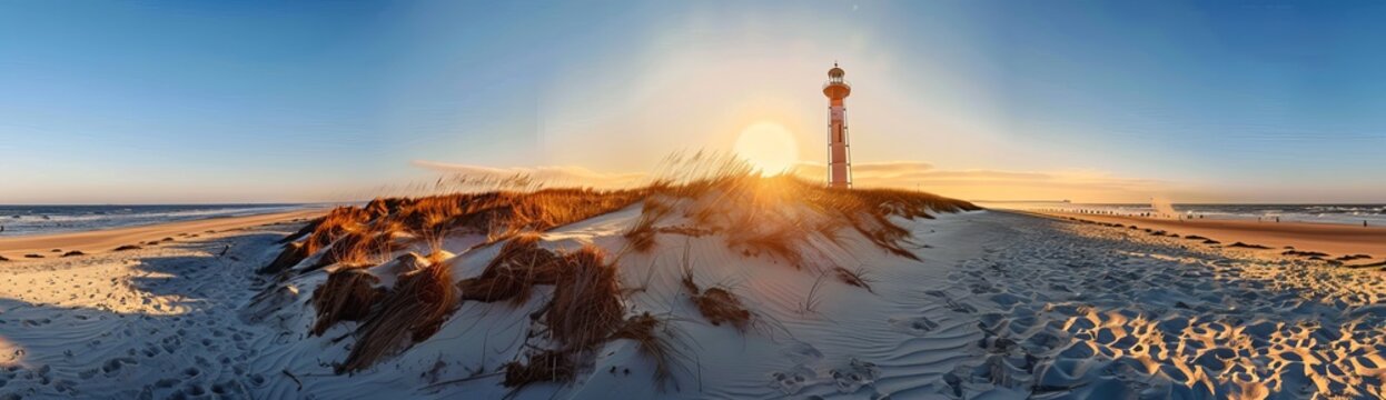 The sun sets behind a historic lighthouse surrounded by golden dunes, conveying a feeling of guidance, tranquility, and the passage of time