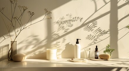 Wall Mural - The gentle play of natural light and shadows accentuates an array of cosmetic products arranged neatly on a shelf