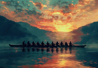 Wall Mural - A digital artwork of rowers against an animated sunset sky, encapsulating the blend of tradition with modern digital art techniques