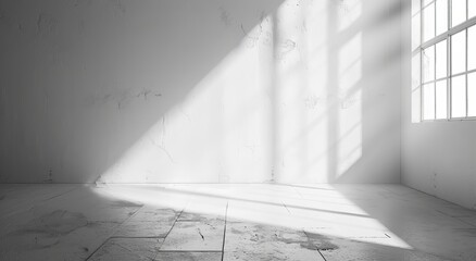 Sticker - Powerful sunbeams enter through a window, creating stark shadows over a white, minimalist empty room