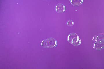 Canvas Print - Beautiful transparent soap bubbles on violet background, space for text