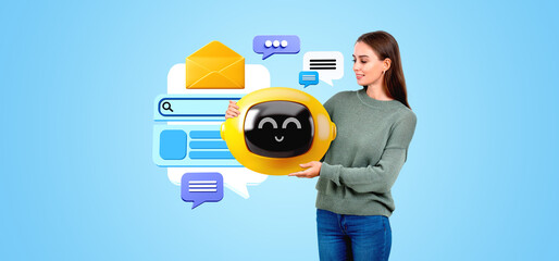 Poster - Woman holding smiling AI robot, mock up speech bubble and messages