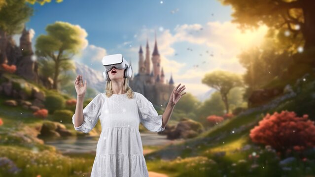 Excited woman turning around looking through VR in wonderland metaverse fairytale forest meta magical world at castle mystery magic greenery fantasy town imaginary palace bright sunlight. Contraption.