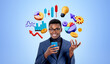 © ImageFlow - Smiling african businessman typing on the phone, financial analysis icons