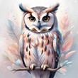 Watercolor cute owl on branch tree illustration