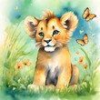 Watercolor cute baby lion with butterfly in tropical safari jungle in zoo illustration