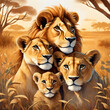 Watercolor family of lion in tropical safari jungle zoo illustration