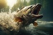 Generative AI. Bass fish jumping. Large fish is leaping out of the water, creating a splash. Generative AI.