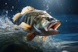 Generative AI. Bass fish jumping. Large fish is leaping out of the water, creating a splash. Generative AI.