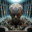 Generative AI. Surreal Labyrinth Brain Head Emerging from Maze Background.
