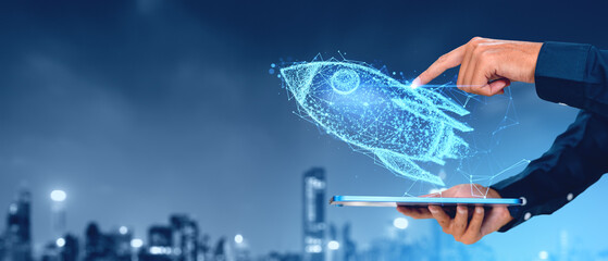 Poster - A person's hand interacting with a holographic rocket projected from a tablet, against a cityscape at twilight, symbolizing innovation and start-up