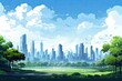 Generative AI. City Skyline. Serene Park Overlooking Modern City Skyline Under Bright Blue Sky.
