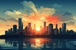 Generative AI. City Skyline. Vibrant Sunset Over Modern Cityscape with Reflective Water.