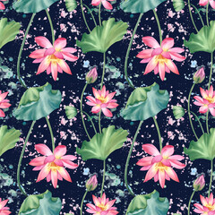 Wall Mural - Seamless pattern in the form of a lotus flower on a dark background with abstract spots. The illustration shows a pink water lily. Hand-painted floral elements vintage Japanese background.