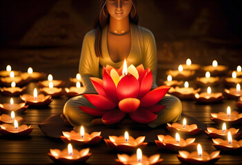 Wall Mural - A woman sitting in a meditation pose with a lit lotus candle in her hand