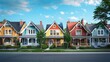 © KerXing - A row of colorful houses with a blue sky in the background. The houses are of different colors and styles, and they are all lined up along a street. Scene is cheerful and inviting