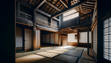 A Tranquil And Beautifully Detailed Interior Of A Traditional Japanese House, Featuring Tatami Flooring, Sliding Shoji Doors, And Wooden Beams, All Bathed In Soft Natural Light Filtering Through