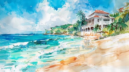 Wall Mural - A painting of a beach with a house in the background. The mood of the painting is peaceful and relaxing