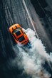 © ZoomTeam - Drift, Aerial View of Professional Driver Executing a Perfect Drift on Asphalt Track orange car