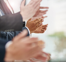 Aufkleber - Business people, hands and clapping for growth in office, motivation and support for company win. Employees, applause and solidarity for target or goals achievement, celebration and review in meeting