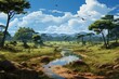 Generative AI. Zambia landscape. Serene African Savannah Landscape with River and Lush Trees.
