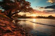 Generative AI. Zambia landscape. Tranquil Sunset at Riverbank with Lush Tree and Golden Light Reflections.
