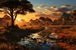 Generative AI. Zambia landscape. Serene African Savannah Sunset with River and Wildlife.