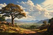 Generative AI. Zimbabwe landscape. Serene African Landscape with Majestic Tree and Rocky Path.