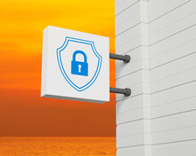 Padlock With Shield Icon On Hanging White Square Signboard Over Sunset Sky And Sea, Technology Security Insurance Online Concept, 3D Rendering