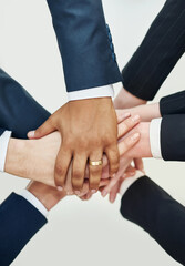 Poster - Business people, hands and pile for team building in office, motivation and support for circle huddle. Employees, workshop and solidarity for target or goals achievement, celebration and above unity