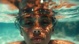 Fototapeta Londyn - Front view of a woman swimming underwater in ocean. AI generated
